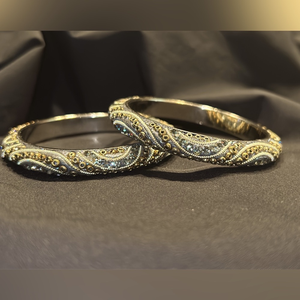 Gold and Silver Bracelet Set with Dark Smoke Crystals Accents